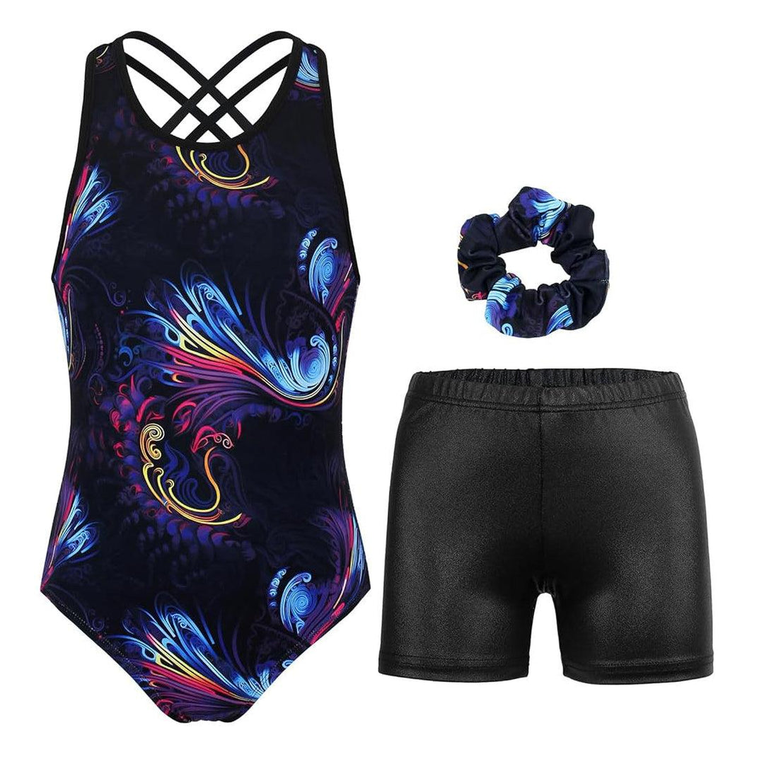 Full view of the Multi-Stratus Leotard Set including shorts and scrunchie