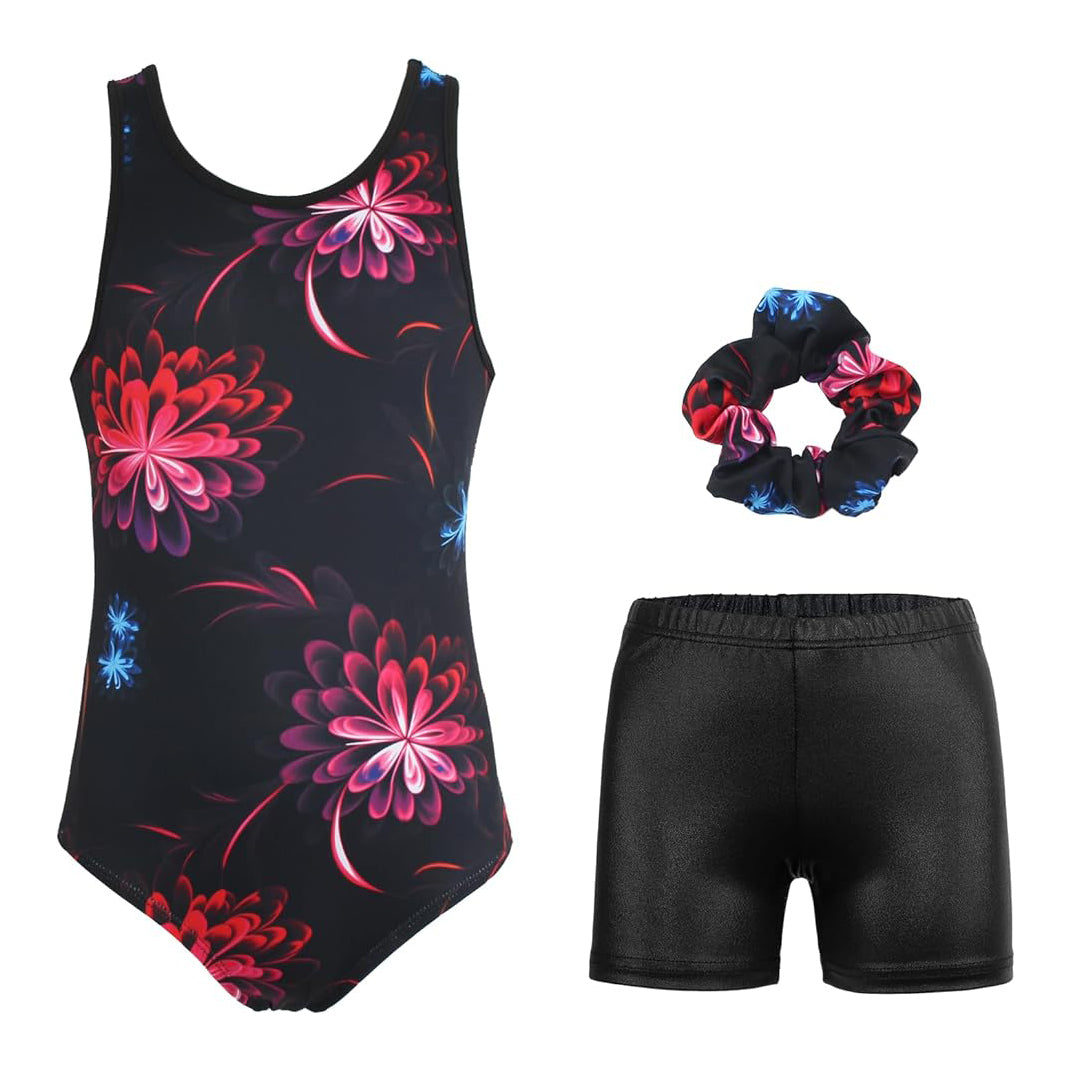 Full view of the Sparkly Flower Gymnastics Set including shorts and scrunchie