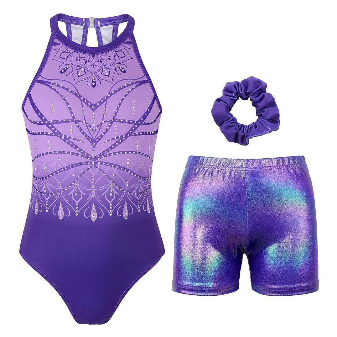 Violet Lace Pattern Gymnastics Leotard with Shorts and Scrunchie
