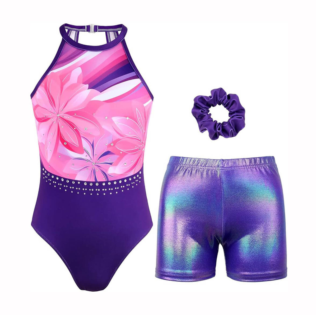 Violet Purple Open Back Gymnastics Leotards Outfit Set - JOYSTREAM
